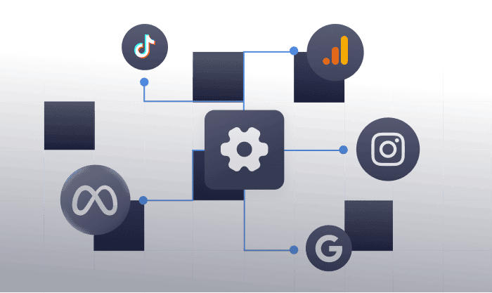 Whissel Strategies A central gear icon connects to TikTok, Google Analytics, Instagram, Meta, and Google icons on a dark grid-patterned background—perfect for showcasing Whissel Strategies, a leading Toronto Marketing Agency. Toronto Digital Marketing Agency