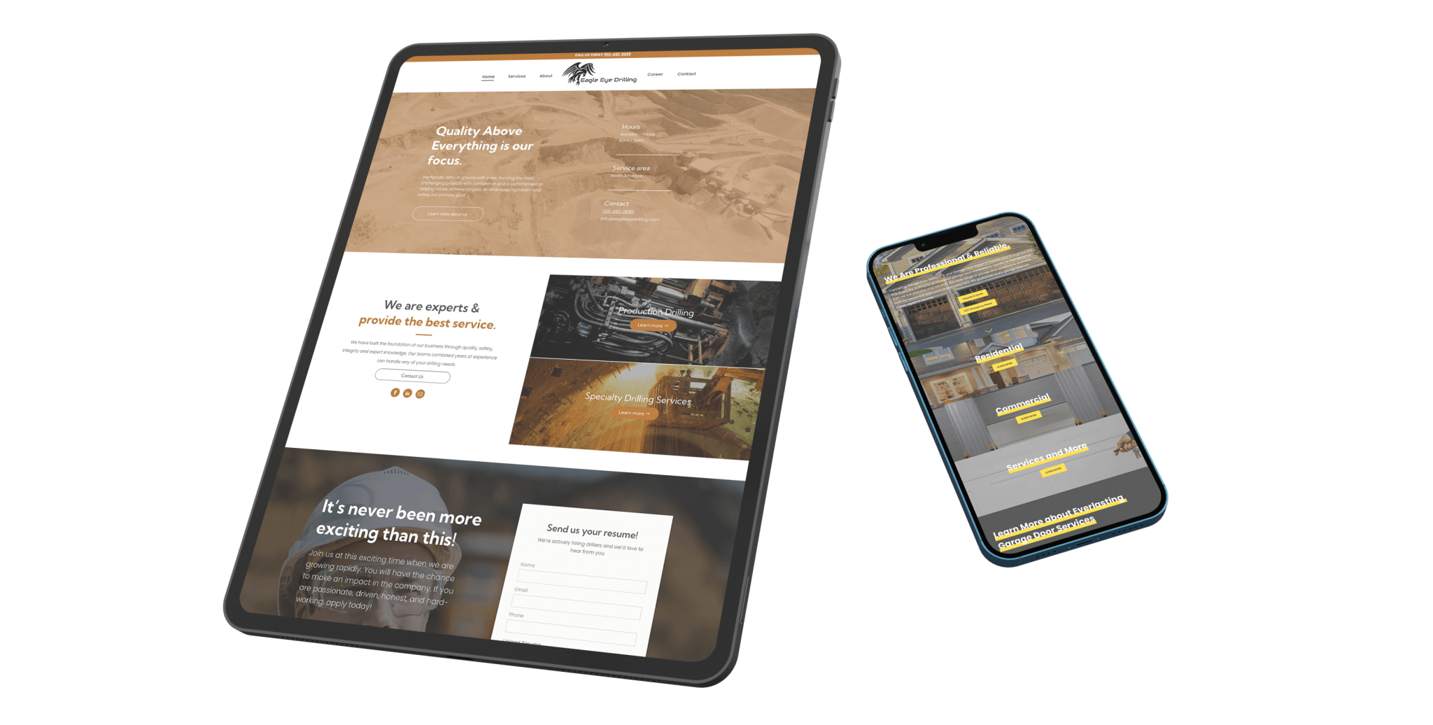 Whissel Strategies A tablet and smartphone display a construction company's website, expertly crafted by Whissel Strategies, a leading Toronto marketing agency, with sections on services, contact form, and navigation menu visible on both devices. Toronto Digital Marketing Agency