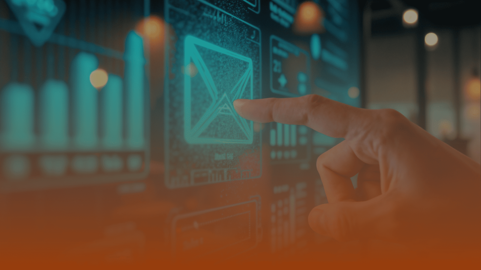 Whissel Strategies A hand points to a digital interface displaying various graphs and icons on a large transparent screen, showcasing the innovative solutions of Whissel Strategies, a leading Toronto Marketing Agency. Toronto Digital Marketing Agency