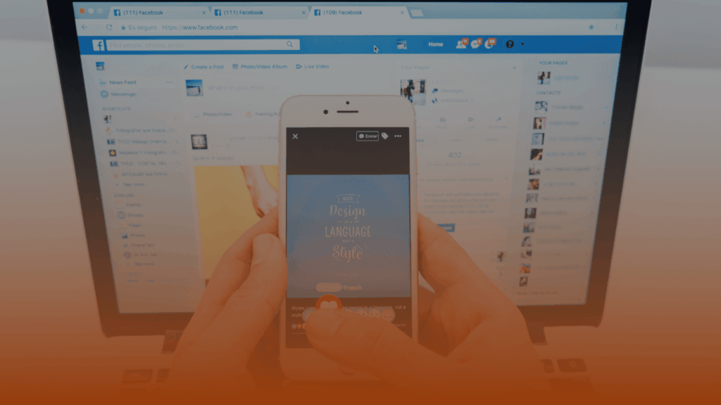 Whissel Strategies Person holding a smartphone in front of a laptop, both displaying different social media interfaces. Toronto Digital Marketing Agency