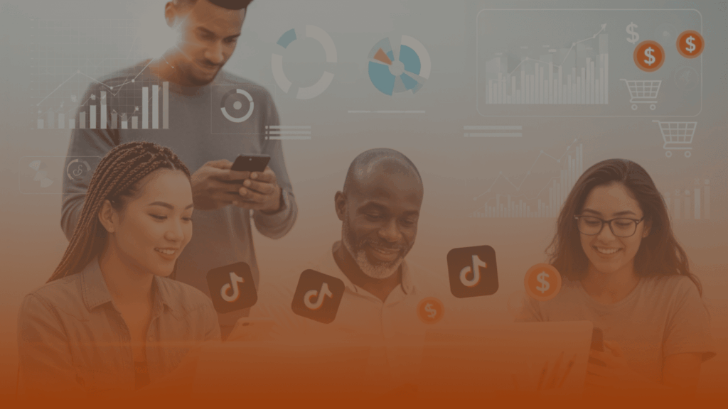 Whissel Strategies Four people use digital devices with TikTok icons and financial graphs overlaid, suggesting analysis of social media and e-commerce trends. Toronto Digital Marketing Agency