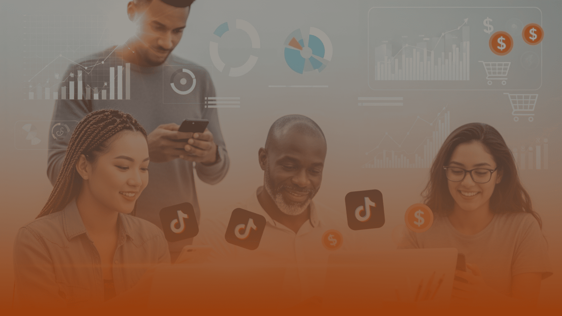 Whissel Strategies Four people use digital devices with TikTok icons and financial graphs overlaid, suggesting analysis of social media and e-commerce trends. Toronto Digital Marketing Agency