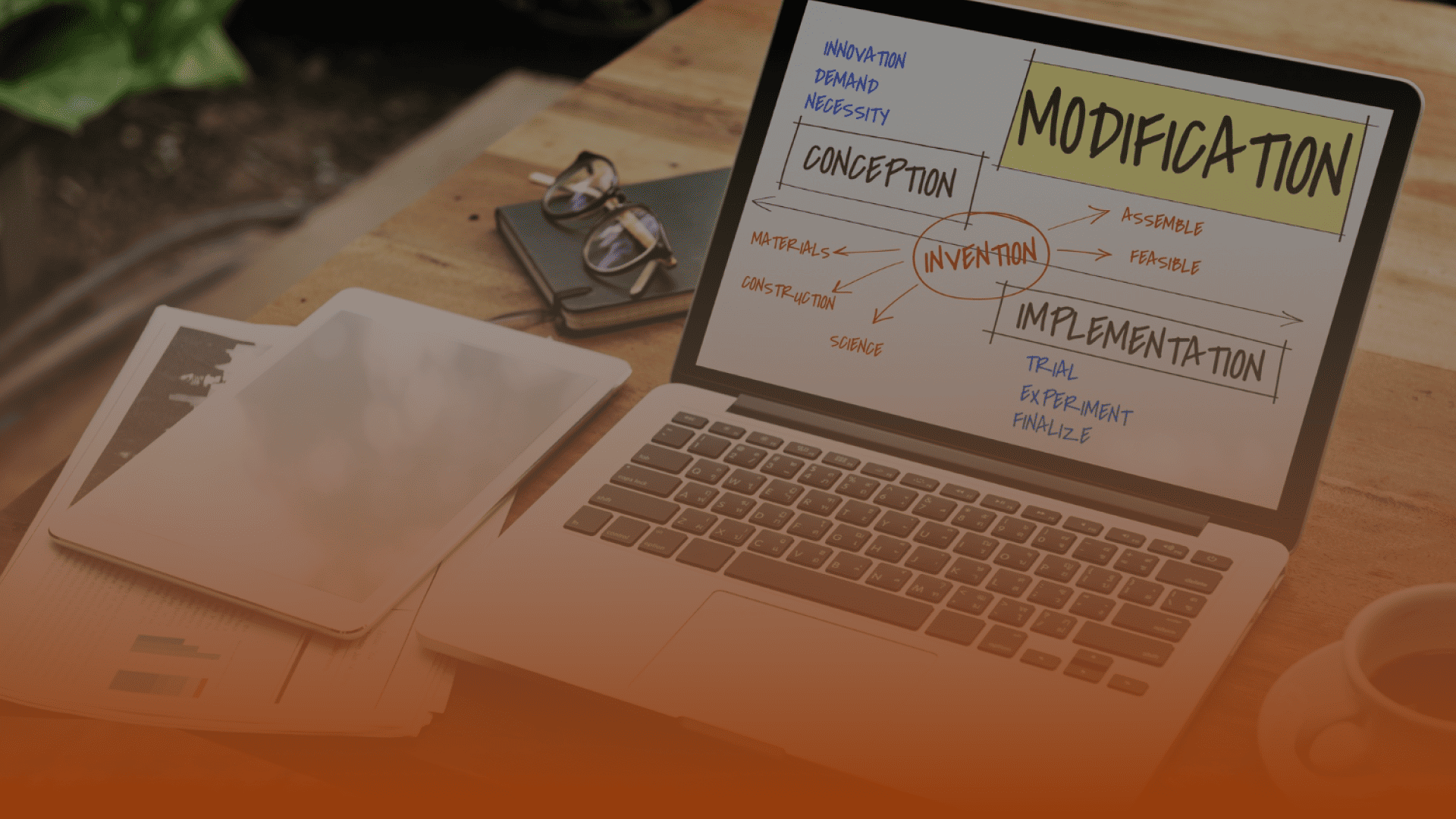 Whissel Strategies A laptop on a desk displays a flowchart with sections labeled Conception, Invention, Modification, and Implementation, highlighting the creative process at Whissel Strategies, a leading Toronto Marketing Agency. Toronto Digital Marketing Agency