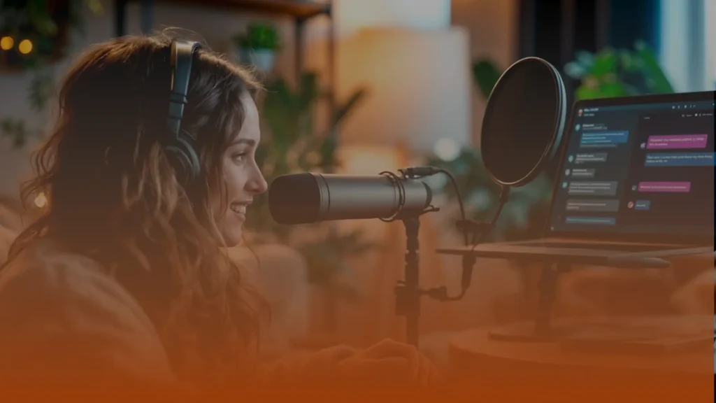 Whissel Strategies A woman wearing headphones speaks into a microphone in front of a laptop displaying a chat interface, suggesting she is recording a podcast or livestream in a home setting. Toronto Digital Marketing Agency