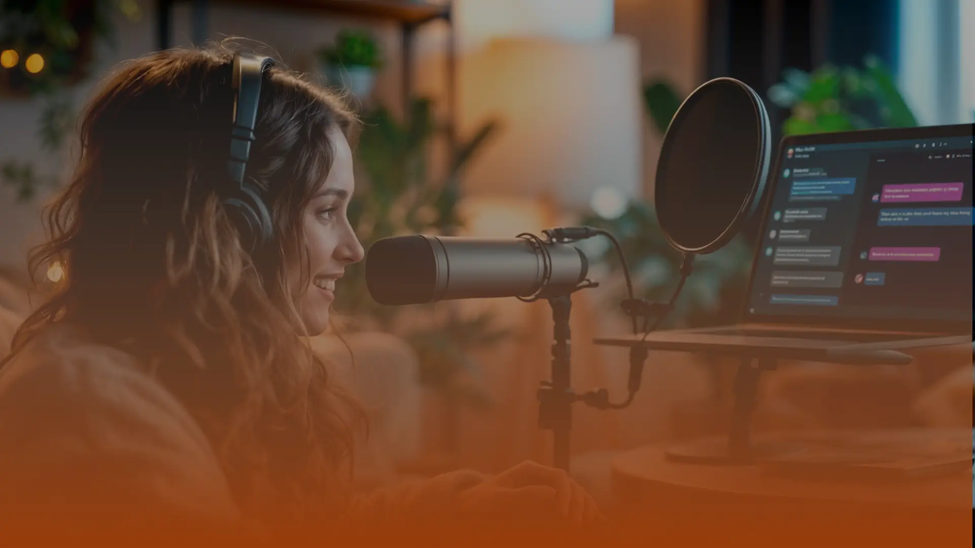 Whissel Strategies A woman wearing headphones speaks into a microphone in front of a laptop displaying a chat interface, suggesting she is recording a podcast or livestream in a home setting. Toronto Digital Marketing Agency