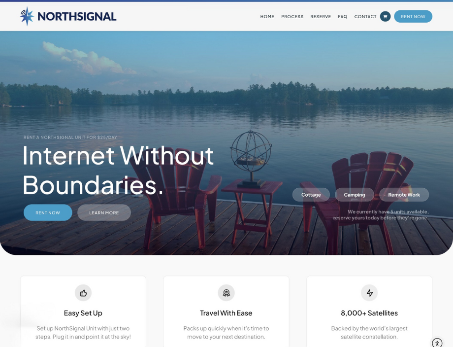 Whissel Strategies A lakeside scene with red chairs, a table, and a wireless antenna in the foreground; text reads “Internet Without Boundaries” for a NorthSignal internet service website. Toronto Digital Marketing Agency