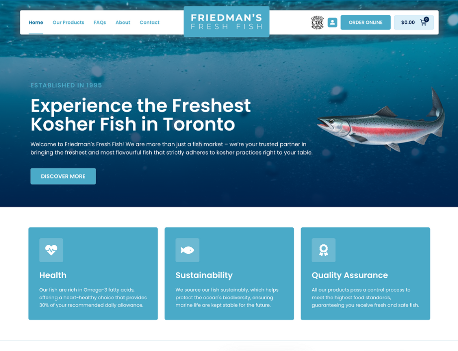Whissel Strategies Screenshot of Friedman's Fresh Fish website homepage featuring a salmon image, navigation menu, and sections highlighting health, sustainability, and quality assurance benefits. Toronto Digital Marketing Agency