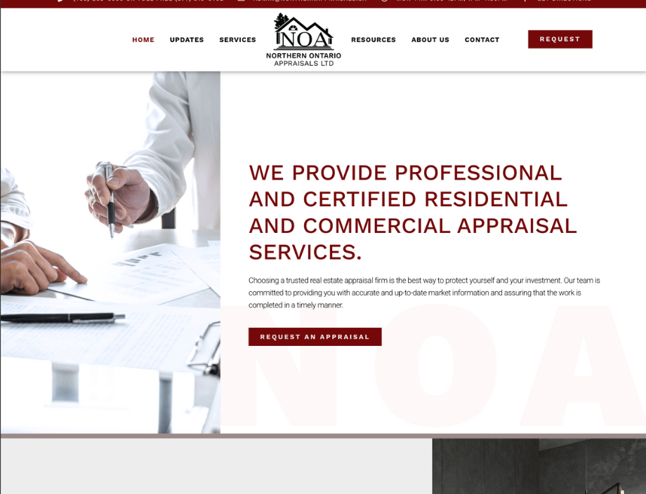 Whissel Strategies Two people review documents at a desk beside text promoting professional residential and commercial appraisal services from Northern Ontario Appraisals Ltd. Toronto Digital Marketing Agency