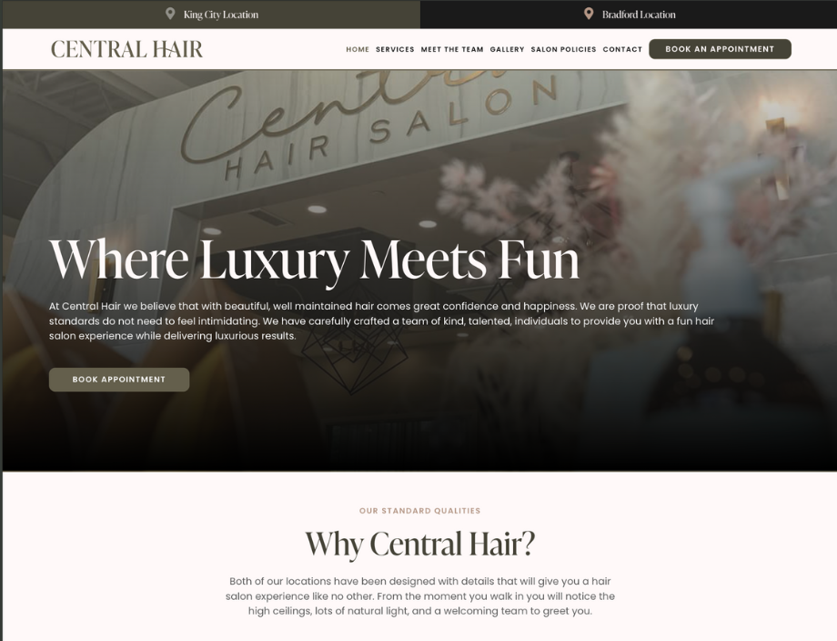 Whissel Strategies A salon website homepage displays the Central Hair logo, navigation menu, a photo of the salon interior, and text highlighting luxury hair services and booking options. Toronto Digital Marketing Agency