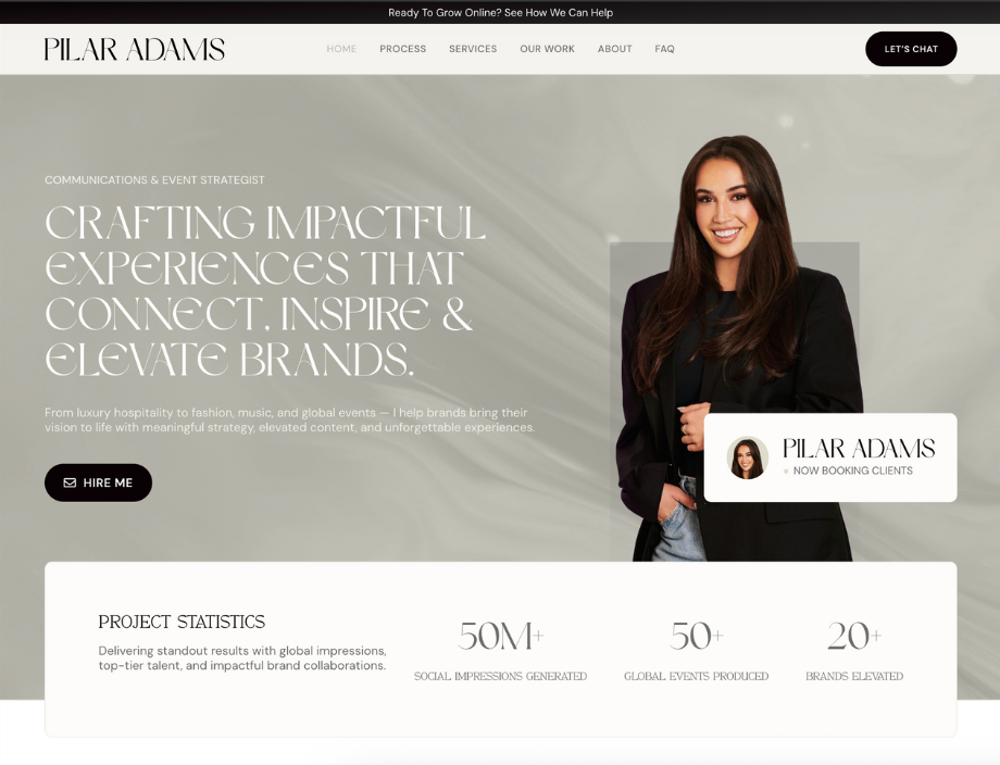 Whissel Strategies Screenshot of Pilar Adams’ website homepage showing a professionally dressed woman smiling, project statistics, and text highlighting her branding and event strategy services. Toronto Digital Marketing Agency