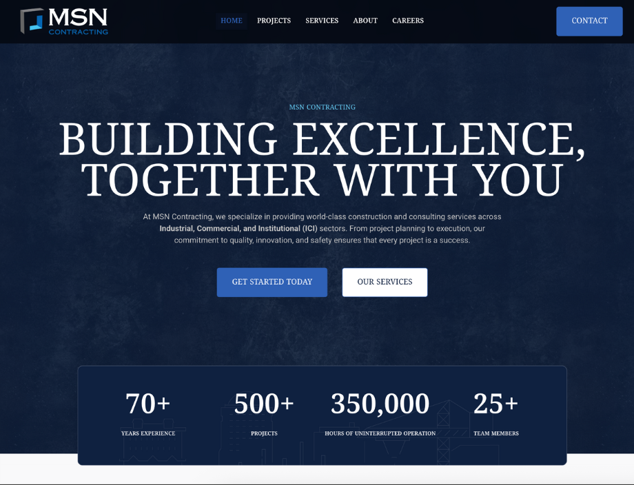 Whissel Strategies Screenshot of MSN Contracting website homepage featuring company name, navigation menu, call-to-action buttons, and business stats including years of experience, projects, hours, and team members. Toronto Digital Marketing Agency