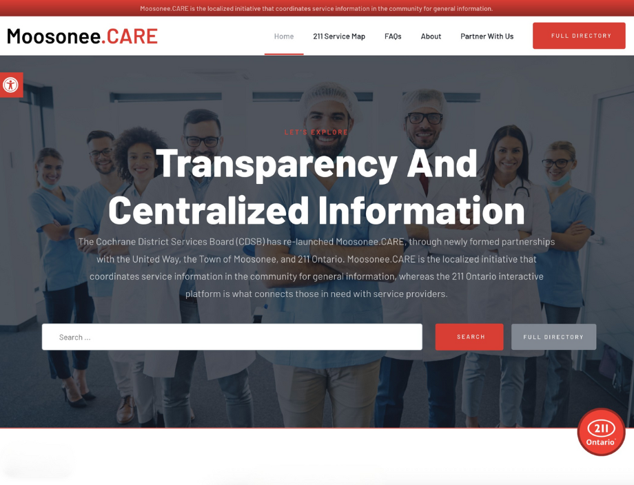Whissel Strategies A group of professionals stands smiling behind text that promotes transparency and centralized information on the Moosonee.CARE website homepage. Toronto Digital Marketing Agency