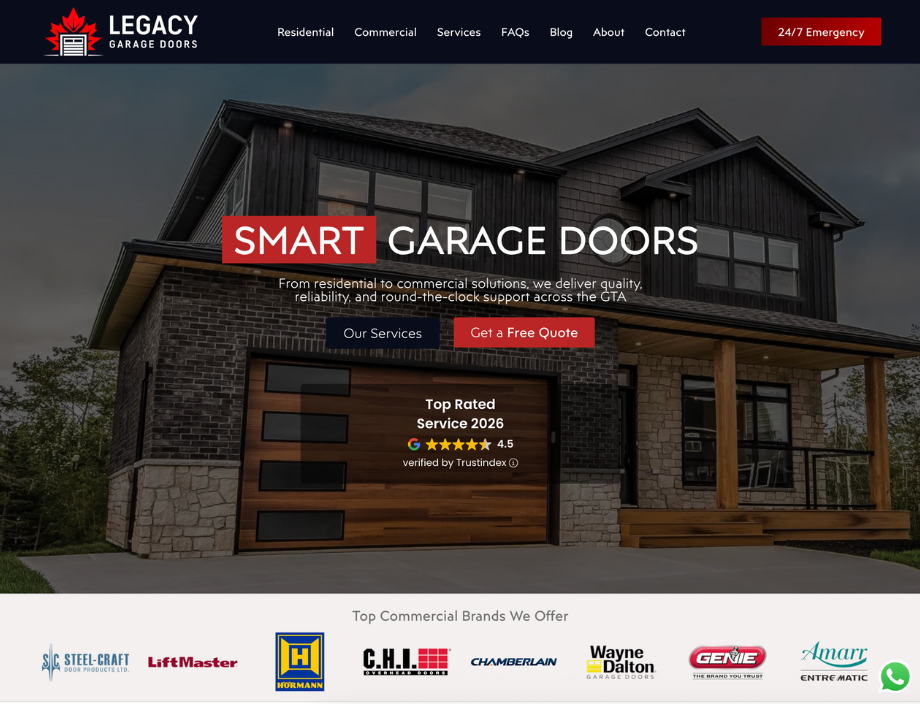 Whissel Strategies A modern house with large glass garage doors is shown on the Legacy Garage Doors website homepage, highlighting "Smart Garage Doors" and a “Get a Free Quote” button. Toronto Digital Marketing Agency