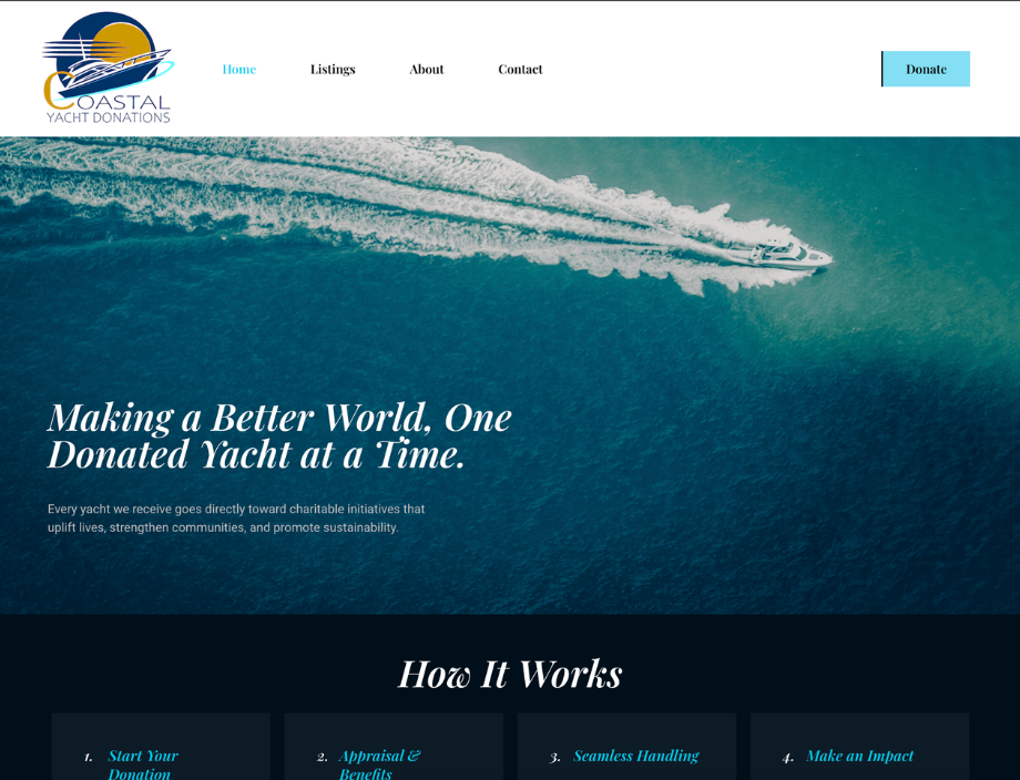 Whissel Strategies Aerial view of a yacht moving through blue water with white wake, featuring the Coastal Yacht Donations logo and website navigation menu at the top. Toronto Digital Marketing Agency