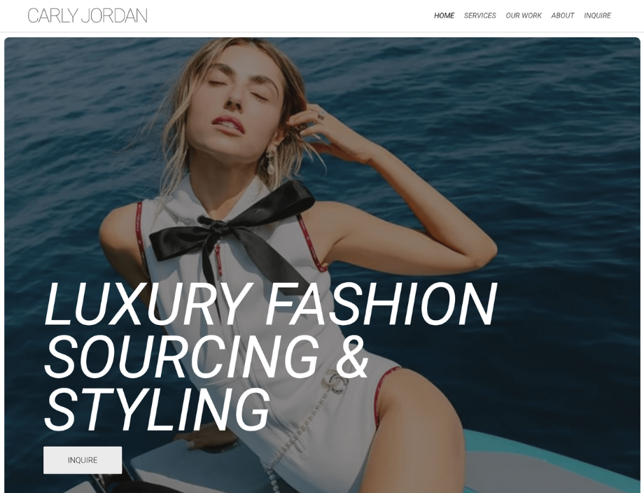 Whissel Strategies A woman in a white sleeveless outfit poses on a boat with the ocean in the background. Text reads "Luxury Fashion Sourcing & Styling." Website menu is visible at the top. Toronto Digital Marketing Agency