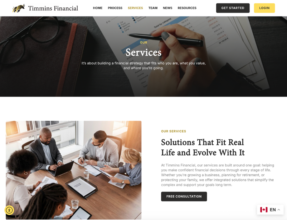 Whissel Strategies Screenshot of Timmins Financial website showing sections for Services and Solutions, with images of documents and people in a business meeting, and buttons for “Get Started,” “Login,” and “Free Consultation.”. Toronto Digital Marketing Agency
