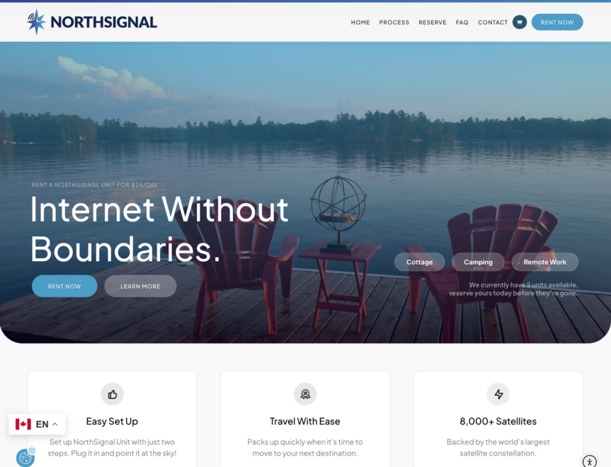 Whissel Strategies A calm lakeside scene with red chairs, a small table, and a decorative globe, overlaid with the text: "Internet Without Boundaries." Website header and navigation visible at the top. Toronto Digital Marketing Agency