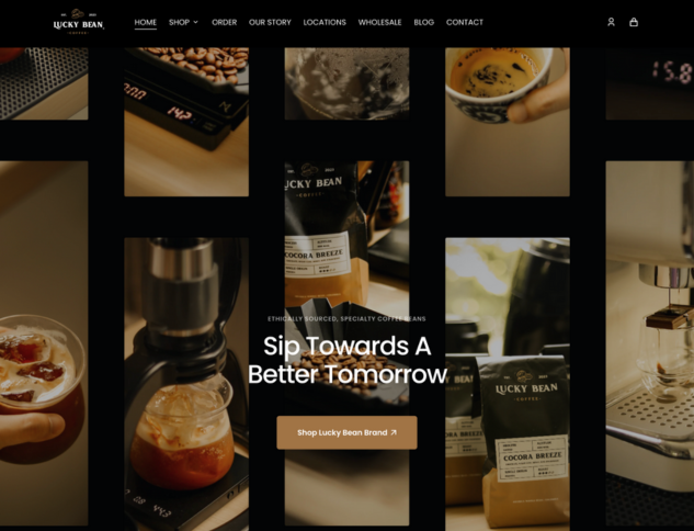 Whissel Strategies A collage of coffee-related images with coffee beans, drinks, and equipment, overlaid with the text “Sip Towards A Better Tomorrow” and a button labeled “Shop Lucky Bean Brand.”. Toronto Digital Marketing Agency