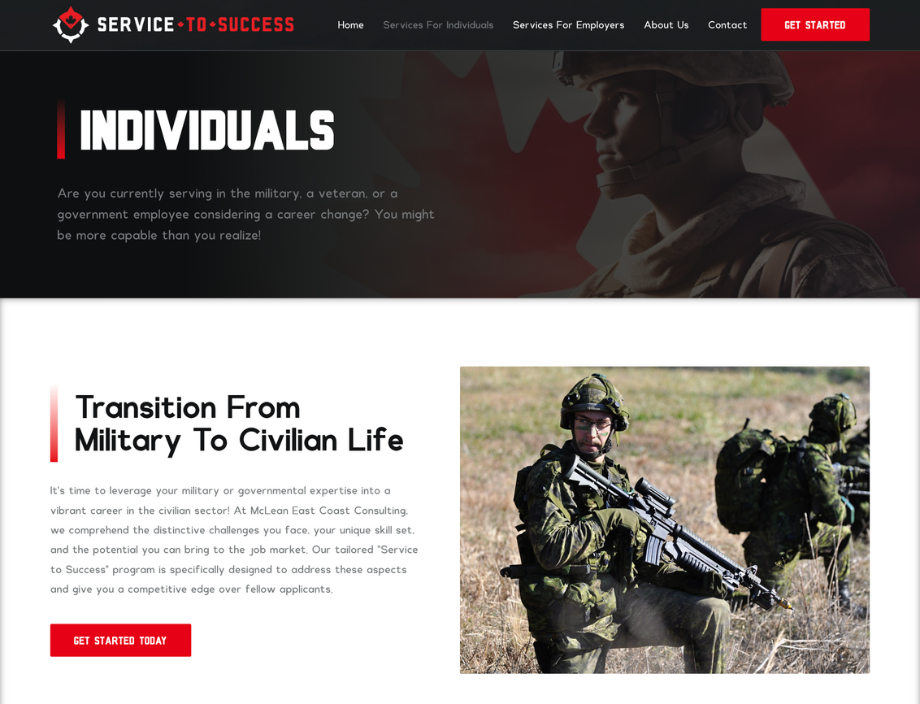 Whissel Strategies A website page for military veterans features a banner with a soldier and sections about transitioning from military to civilian careers, with "Get Started Today" buttons. Toronto Digital Marketing Agency