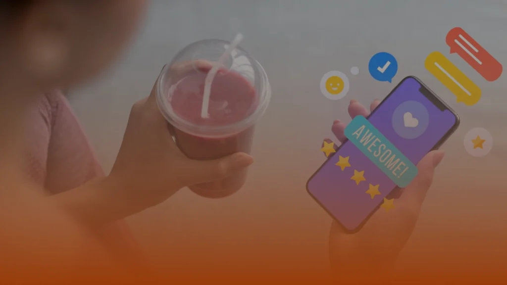 Whissel Strategies Person holding a smoothie and a smartphone displaying rating icons, stars, and the word "AWESOME!" on the screen. Toronto Digital Marketing Agency