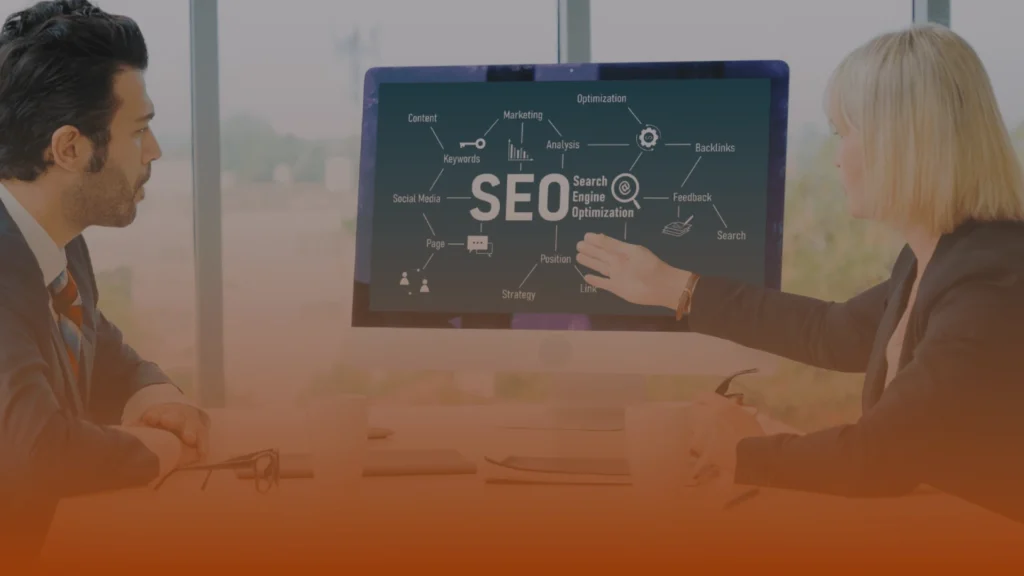 SEO professionals discussing search engine optimization strategy and agency services
